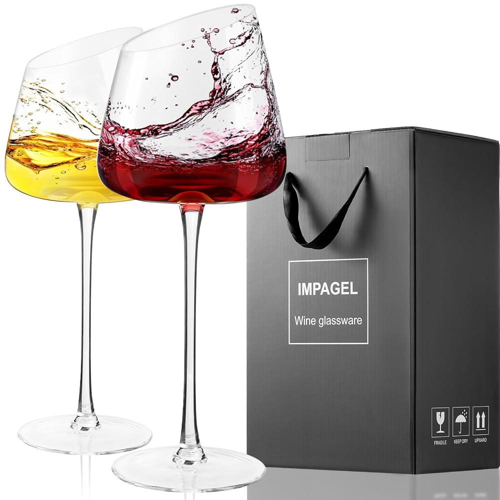 Slanted Red Wine Glasses, Set of 2, Modern, Crystal, Hand Blown Long Stem Wine Glasses with Uniqu... | Amazon (US)