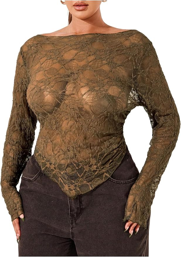 WDIRARA Women's Plus Size Sheer Lace T Shirt Asymmetrical Boat Neck Long Bell Sleeve Tee Tops | Amazon (US)