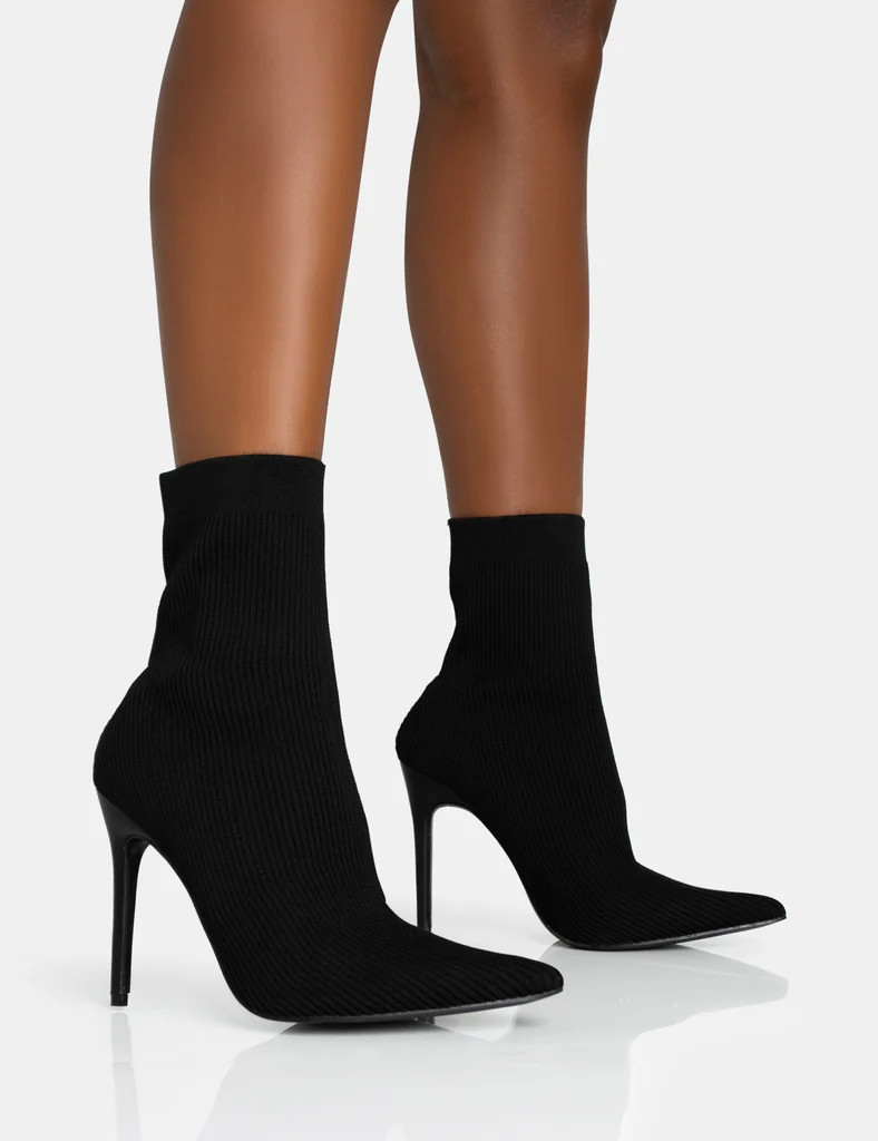 Mirival Black Knitted Stiletto Sock Pointed Toe Ankle Boots | Public Desire (US & CA)