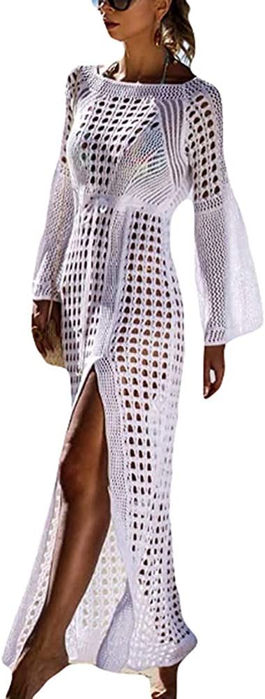 Women's Crochet Knitted Side Split Beach Cover Ups Long Dress | Amazon (US)