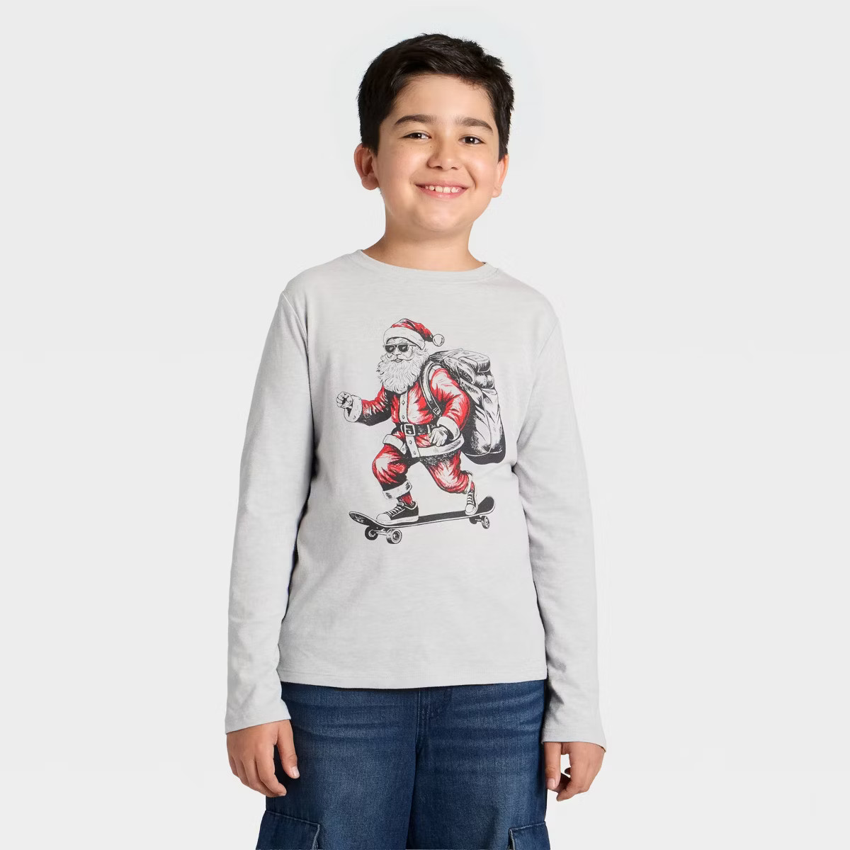 Boys' Long Sleeve 'Skateboarding Santa' Graphic T-Shirt - Cat & Jack™ Heather Gray XS | Target