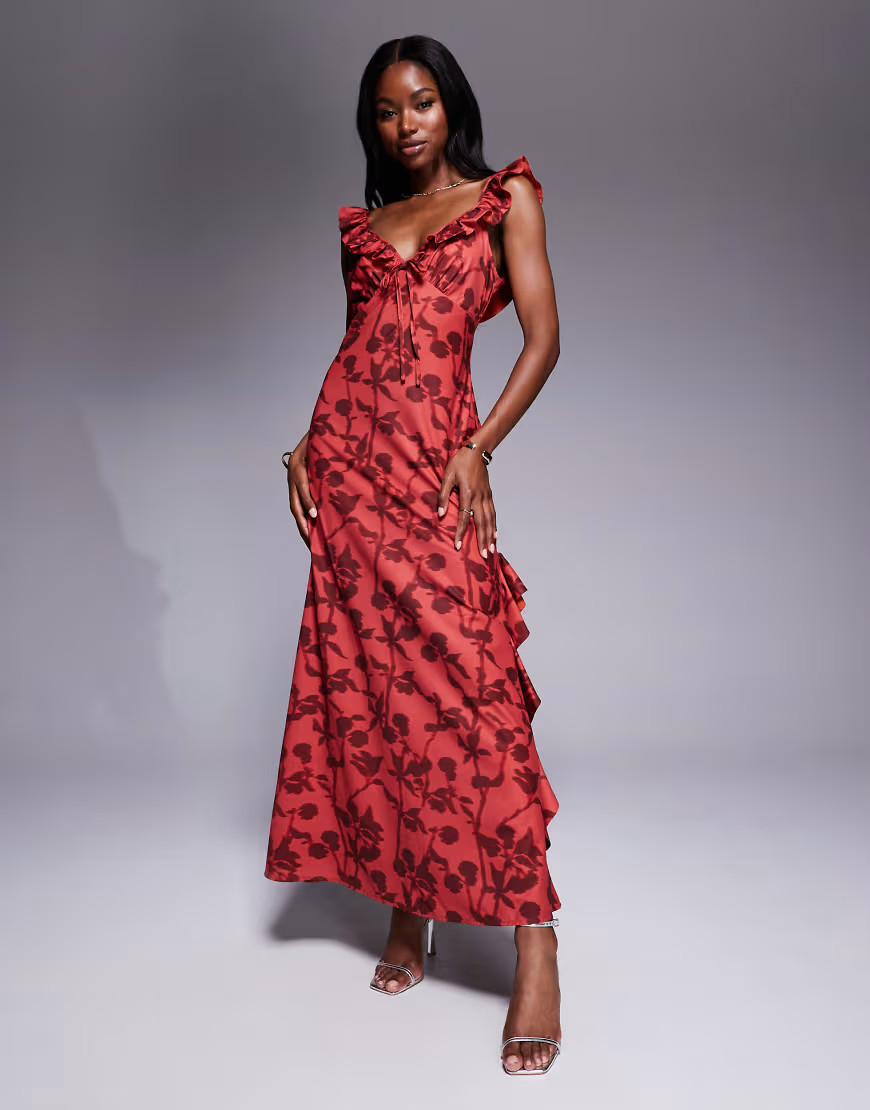 Rare London ruffle tie front side slit maxi dress in red floral | ASOS (Global)