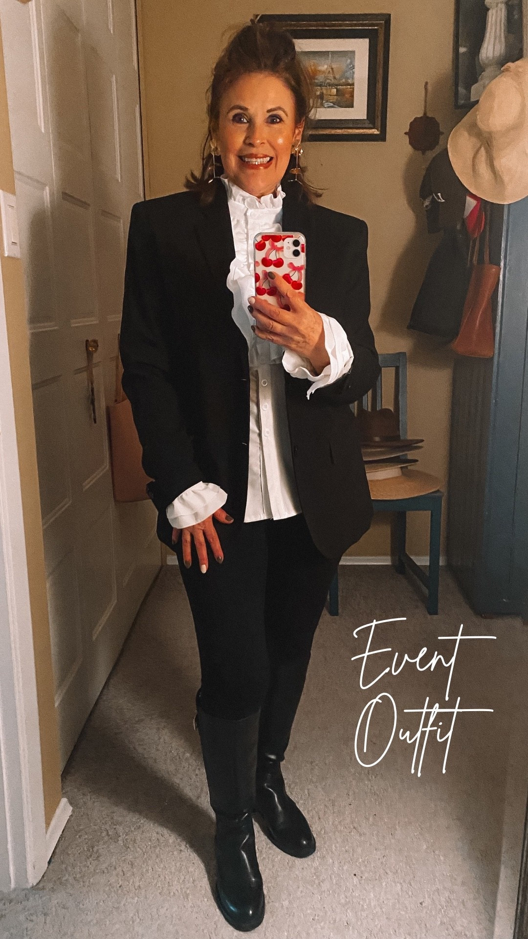 Event outfits can be so fun! White Victorian ruffle blouse, black leggings, black men’s blazer and black riding boots with dangling gold earrings . . . Voila!🖤🤍

#LTKpartywear #LTKstyletip #LTKover50style