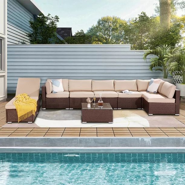 Royalcraft 8 Pieces PE Brown Wicker Outdoor Furniture,Patio Sofa Sets Outdoor Rattan Conversation... | Walmart (US)