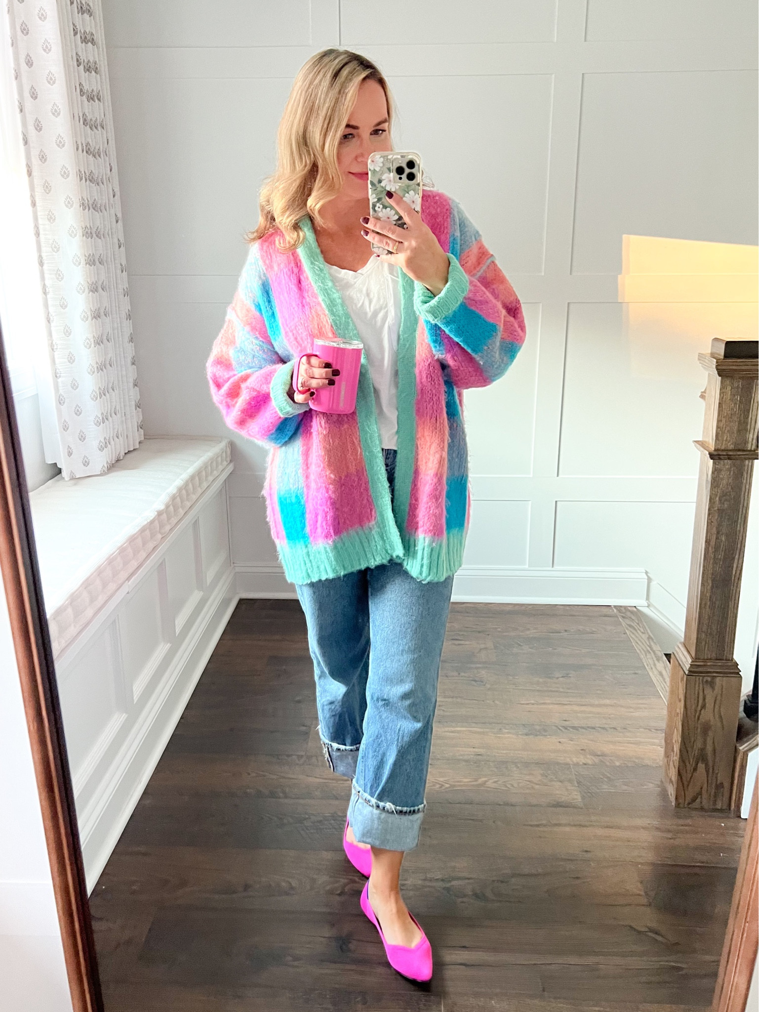 Another angle of this colorful cardigan! Wearing a size medium and it feels like a large. It runs big! My flats are still the most comfortable brand of shoes that I own - Rothy’s! 