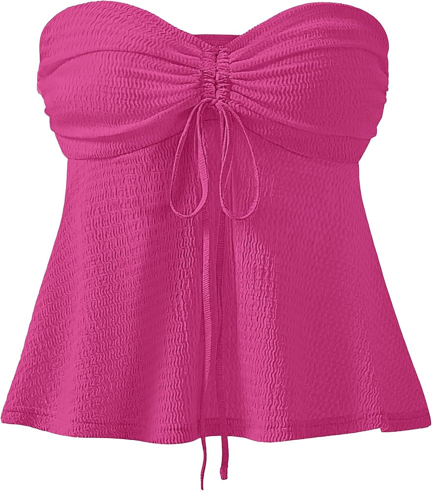 ANRABESS Womens Tube Top Summer Strapless Tie Front Ruched Peplum Flared Hem Cute Bandeau Halter ... | Amazon (US)