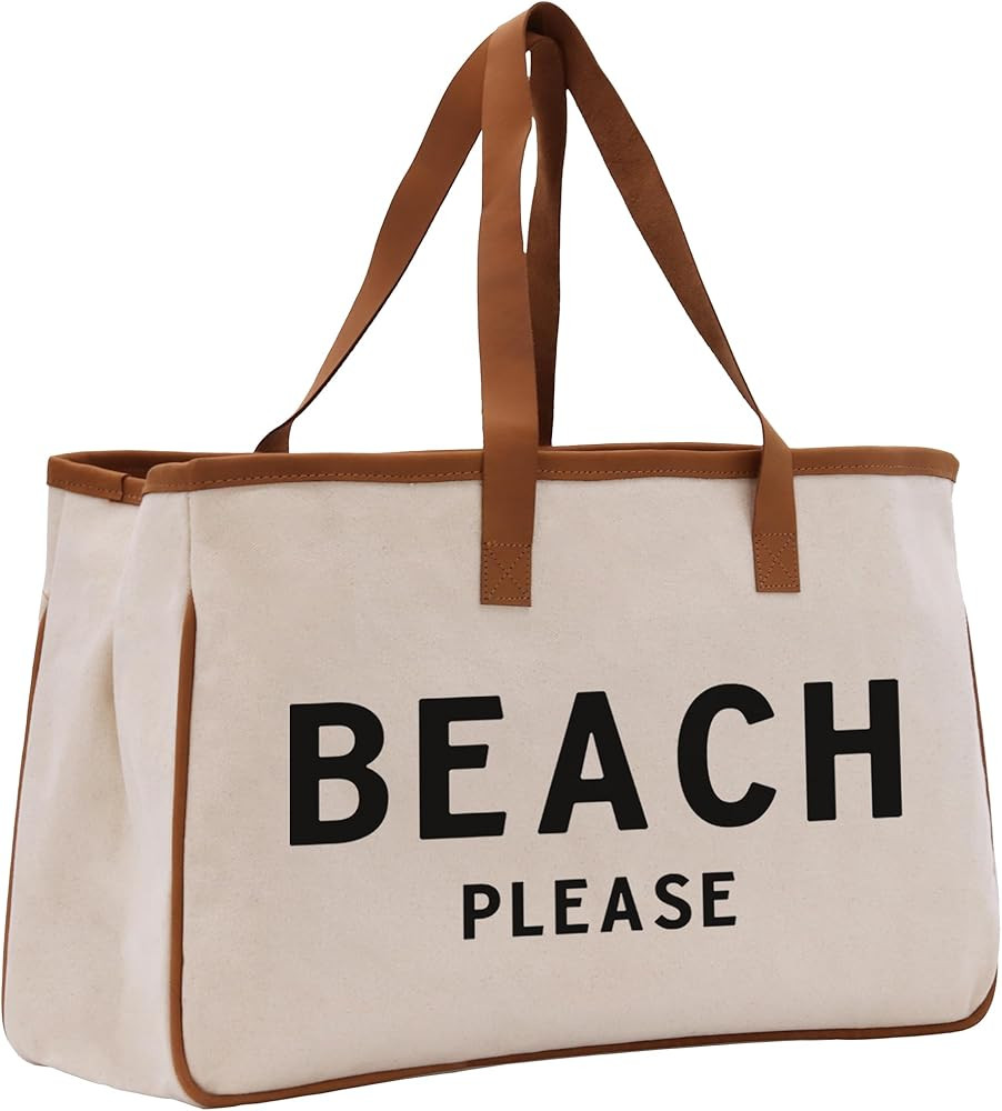 VANESSA ROSELLA 100% Cotton Natural Canvas with Caramel Piping | Large Reusable Travel, Beach & E... | Amazon (US)