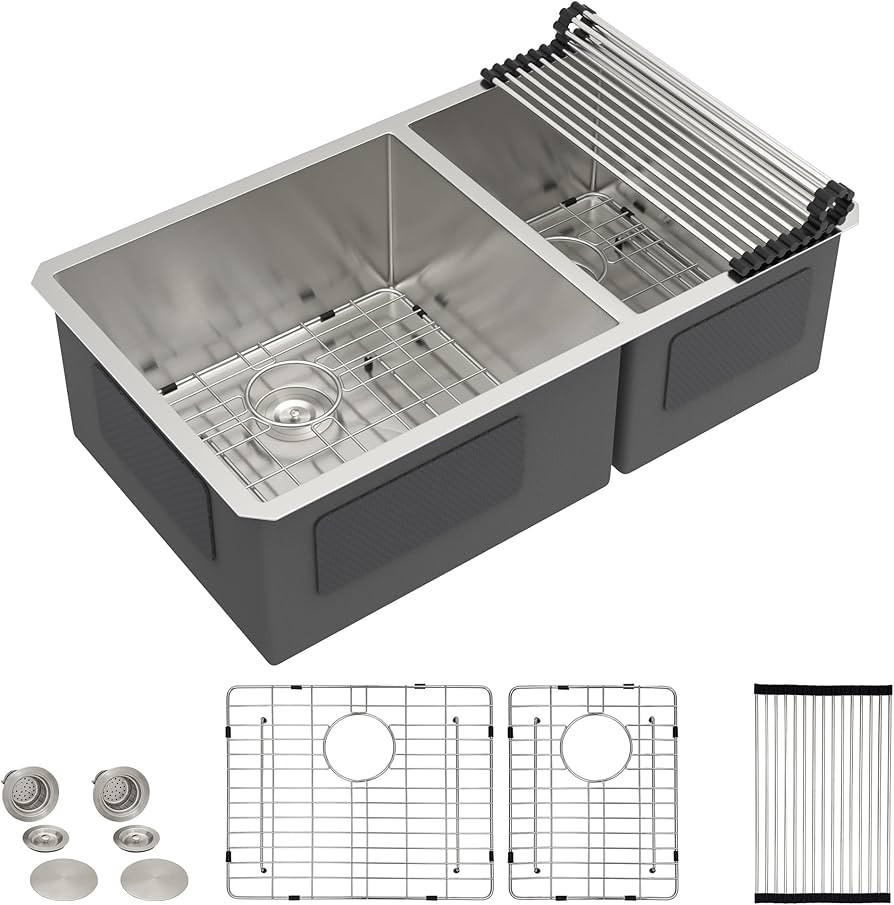 33"x19" Undermount Double Bowl Kitchen Sink - 16 Gauge 304 Stainless Steel, Under Counter 60/40 S... | Amazon (US)