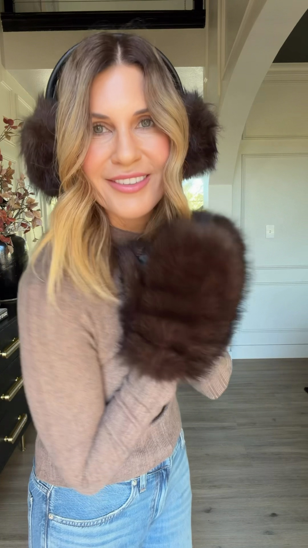 Faux fur mittens and headband on Walmart so good. Top is a size medium also Walmart