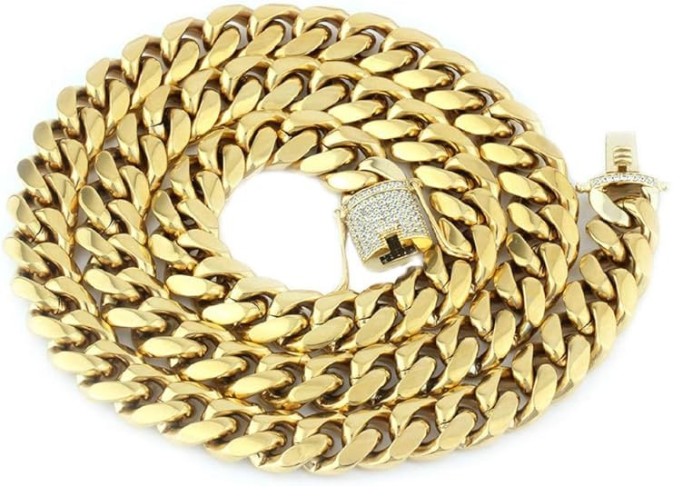 GOLD IDEA JEWELRY 14k Gold Plated Stainless Steel Thick Miami Cuban Link Chain with Lab Diamond C... | Amazon (US)