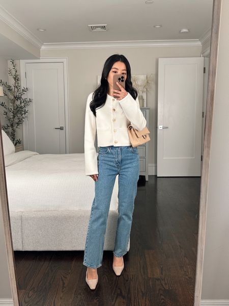 Abercrombie is having their bi-annual denim sale this weekend! 25% off all denim, and you can use code AFJEAN for a stackable 15% off. 

• Abercrombie Crew Sweater Jacket in white xxs. Trying this one on and i personally prefer the jcrew Emilie version which is 100% cotton (linked under Similar below)

• Ultra High Rise 90’s straight jeans 24 extra short

• Old Ann Taylor Square toe slingbacks

#petite winter denim styles 

#LTKSeasonal #LTKSpringSale #LTKsalealert