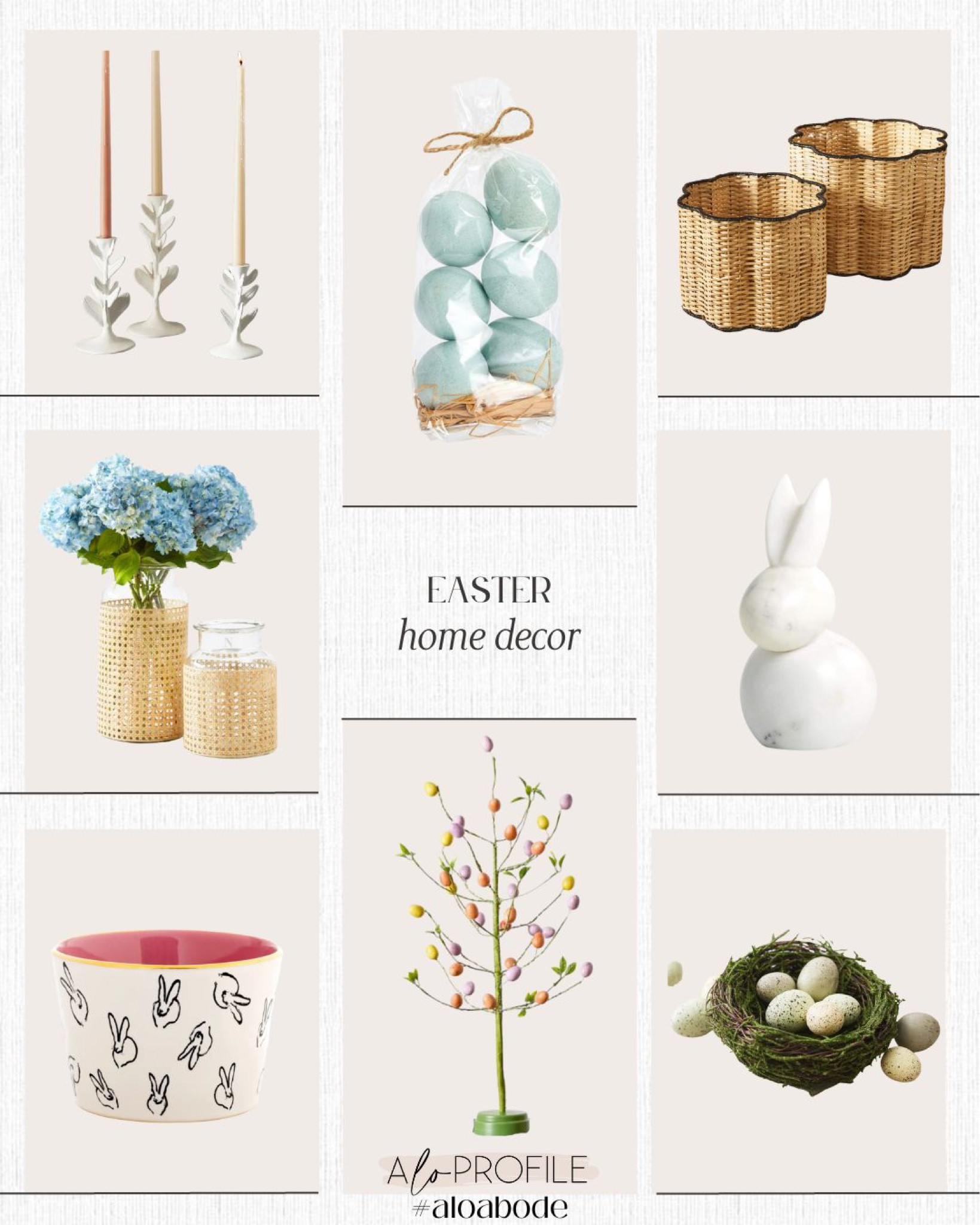 Easter Home Decor // anthropologie seasonal decor, pottery barn easter, crate and barrel easter, easter egg decor, robin egg decor, marble bunny decor, rattan basket, woven basket decor, scalloped basket decor, flower candle sticks, rattan flower vase, bunny bowl, modern easter decor, spring home decor

#LTKhome #LTKSeasonal