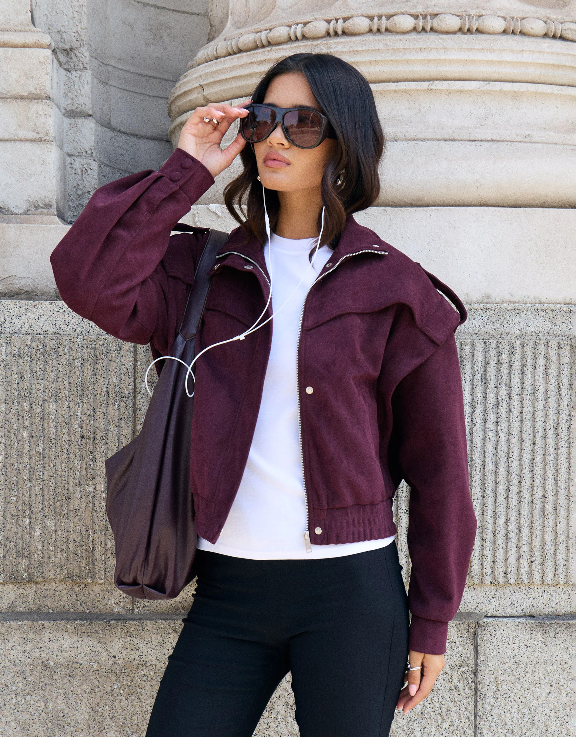 Faux Suede Cape Shoulder Bomber Jacket in Plum | Threadbare UK