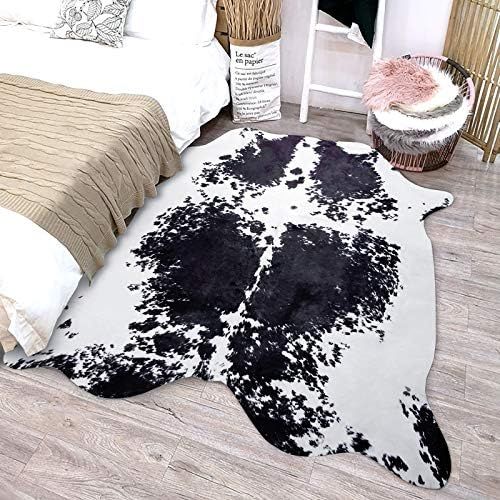 Terrug Cow Print Rug Black 4.6X 5.2 Feet Faux Cow Hide Rug Animal Printed Area Rug Carpet for Home | Amazon (US)