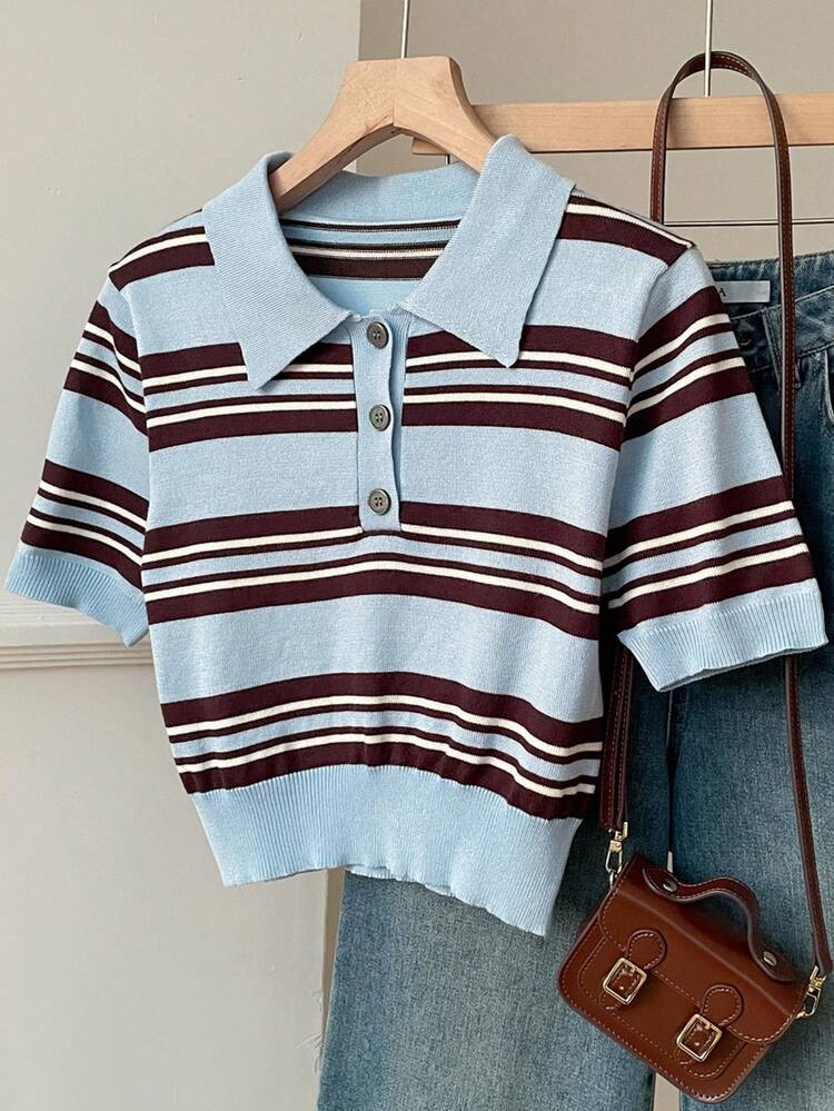 SHEIN EZwear Striped Multicolor Pattern Half-Zip Casual Versatile Short Sleeve Knit Top | SHEIN