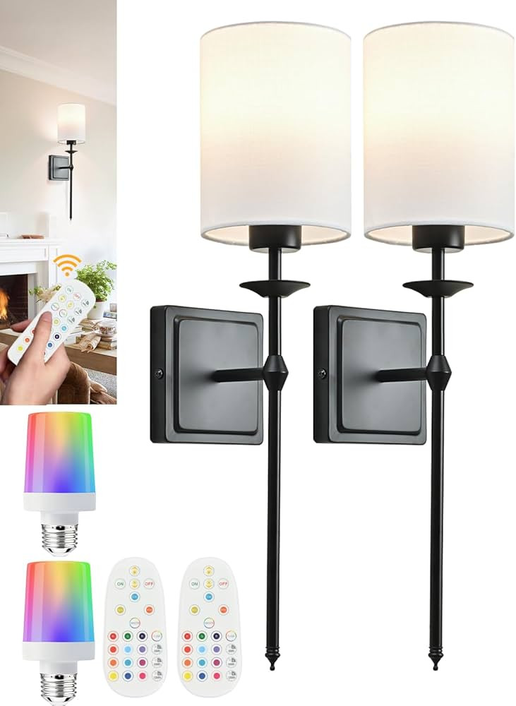 Battery Operated Wall Sconces Set of 2 Sconces Wall Decor Black Cordless Wall Sconces with Remote... | Amazon (US)