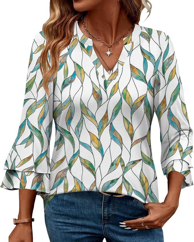 IEEILULU 3/4 Length Sleeve Womens Tops V Neck Tunics Ruffle Sleeve Tops Blouses for Women Dressy ... | Amazon (US)