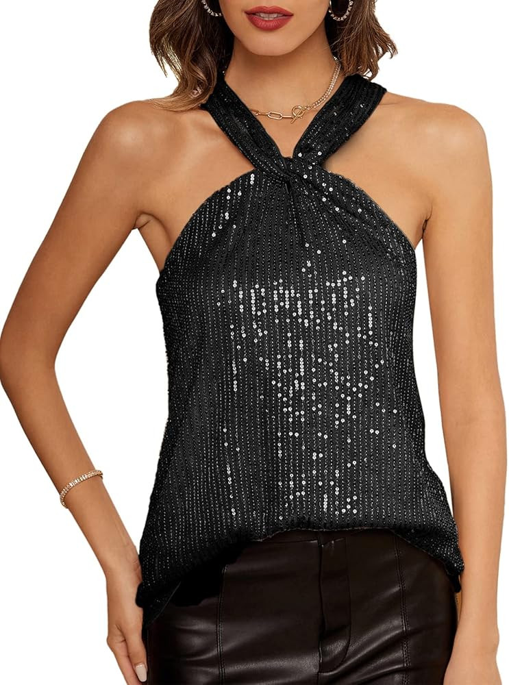 Women's Halter Sequin Top Sparkle Shimmer Camisole Vest Tank Tops Wine Red 2XL at Amazon Women’... | Amazon (US)