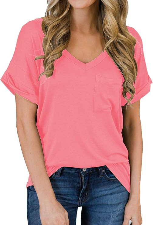 MIHOLL Women's Short Sleeve V-Neck Shirts Loose Casual Tee T-Shirt | Amazon (US)