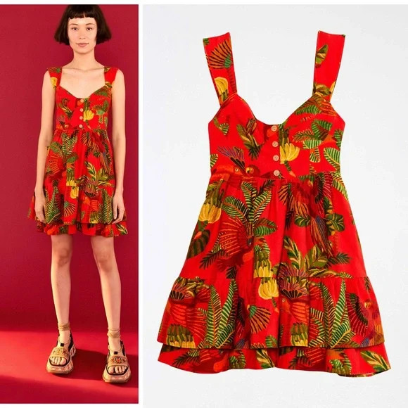 NWT FARM Rio Red Forest Birds Mini Dress - Linen Blend Floral A-Line Sweetheart | Poshmark