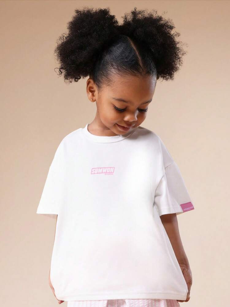 SUMWON Essentials Girls Oversized Cotton T-Shirt With Pink Logo Chest Print Short Sleeve Casual Summer Top Vacation | SHEIN