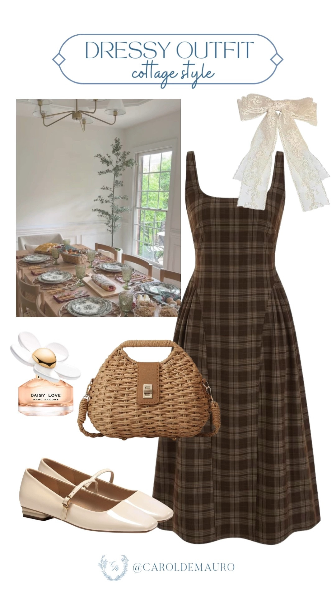 dressy look, cottage style, plaid dress, woven handbag, mary janes, hair bow, feminine look, neutral aesthetic, petite fashion

#LTKootd #LTKPetite #LTKU
