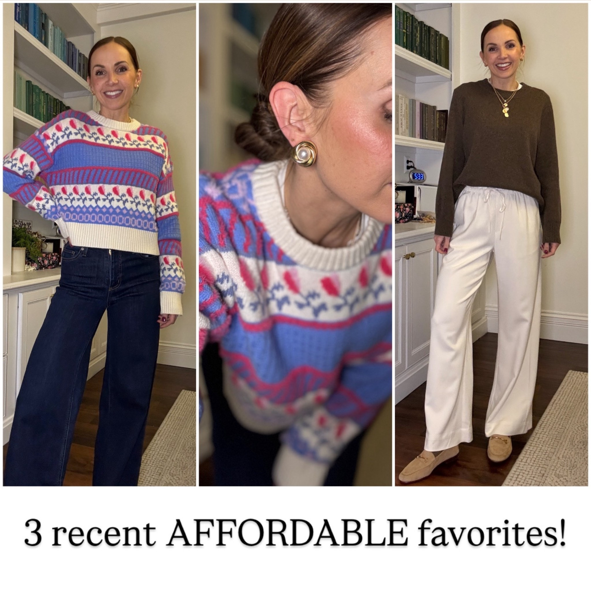 Three recent favorite fines under $40!

I’m wearing a size small in the sweater and the pants, and I’m 56 for height reference with long legs.