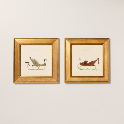 8"x8" Vintage Christmas Sleigh Framed Wall Art (Set of 2) - Hearth & Hand™ with Magnolia | Target