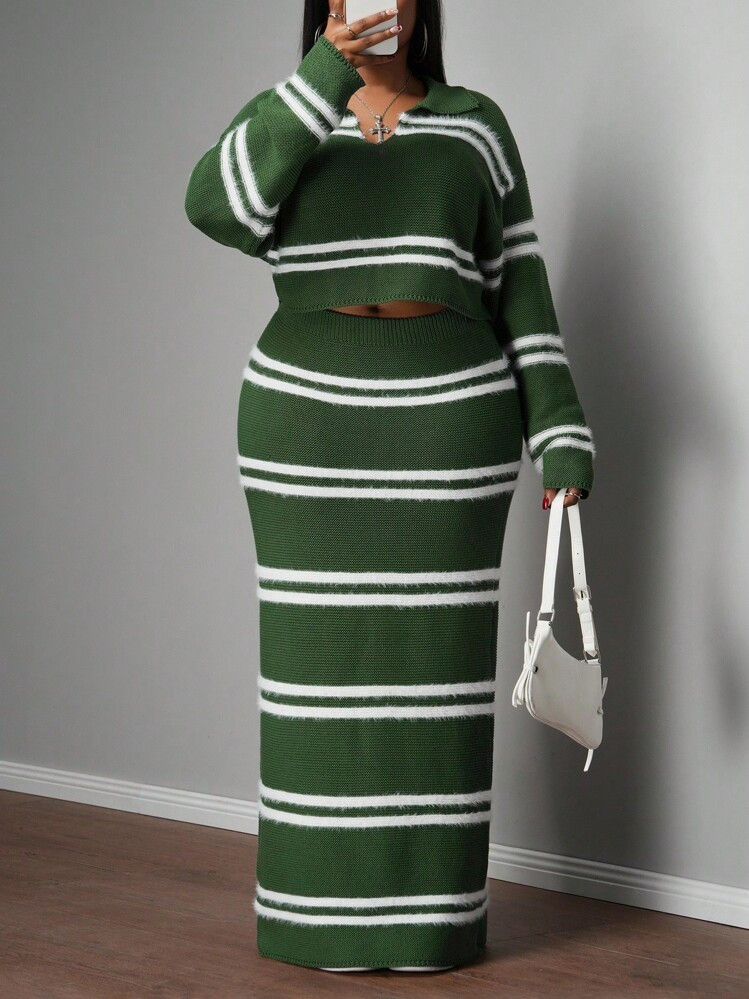 Slaydiva 2025 New Autumn/Winter Plus Size Women's Collegiate Outfit/Business Casual Wear/Western Style Dress/Office Attire/Street Club Fashion/City Vacation/Graduation Date/Refined Elegant/Party/Independence Day/Casual Basic Stylish/Outdoor Social Wear, Warm V-Neck Drop Shoulder Long Sleeve Cropped Top With Elastic Waist A-Line Skirt 2 Pieces Set Fall | SHEIN