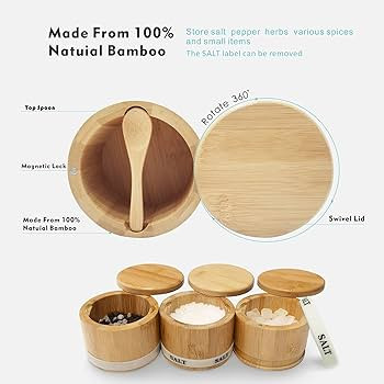Salt Box Bamboo Salt Container with Swivel Lid with Magnetic to Easily Open and Seal Salt Cellar ... | Amazon (US)