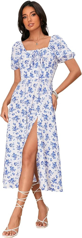 WDIRARA Women's Floral Print Tie Front Square Neck Short Sleeve Split Thigh Dress | Amazon (US)
