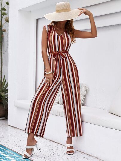 Striped Print Belted Tie Back Jumpsuit | SHEIN