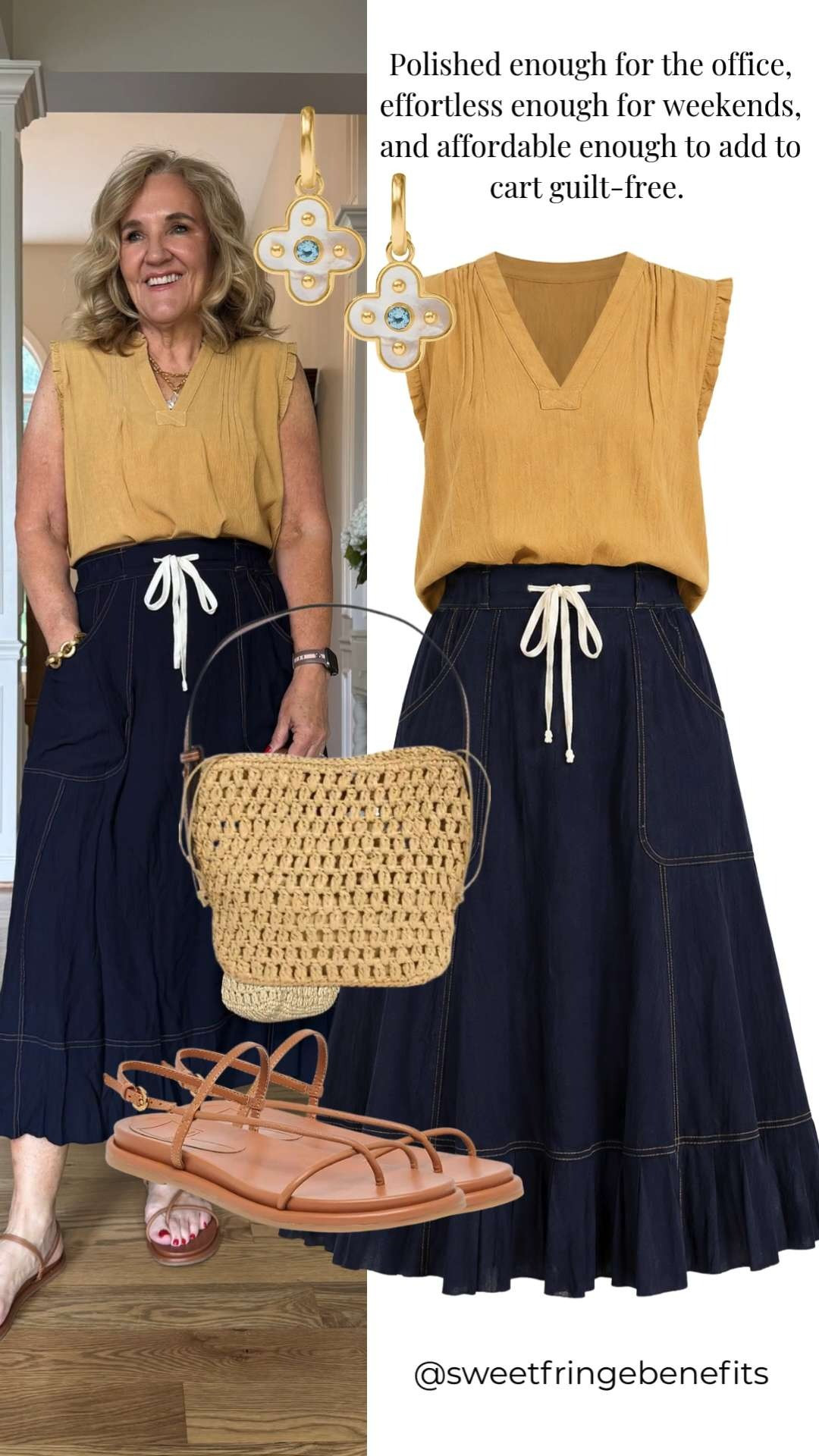 I love the contrast of this warm golden top with the deep navy skirt. The flutter sleeves add a feminine touch, while the drawstring waist and relaxed fit keep everything comfortable and easy to wear. 🫶🏻 

 #LTKootd #LTKSeasonal #LTKWorkwear