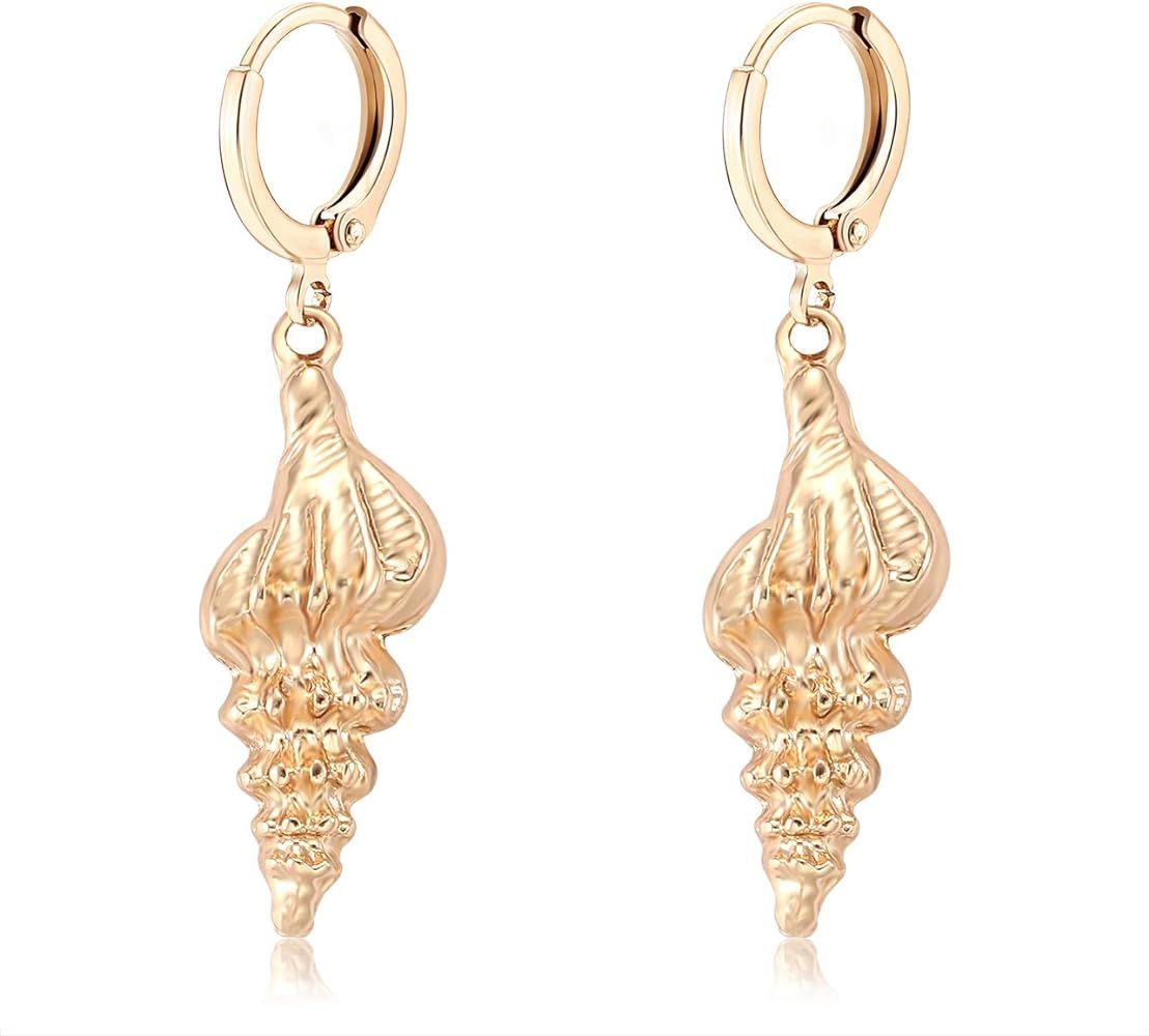 ELEARDSeashell Earrings Gold/Silver Metallic Seashell Drop Dangle Huggie Hoop Earrings for Women | Amazon (US)