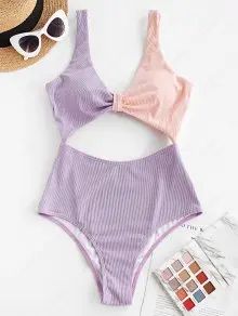 ZAFUL Bow Ribbed Cutout Two Tone One-piece Swimsuit   LIGHT PURPLE | ZAFUL (Global)