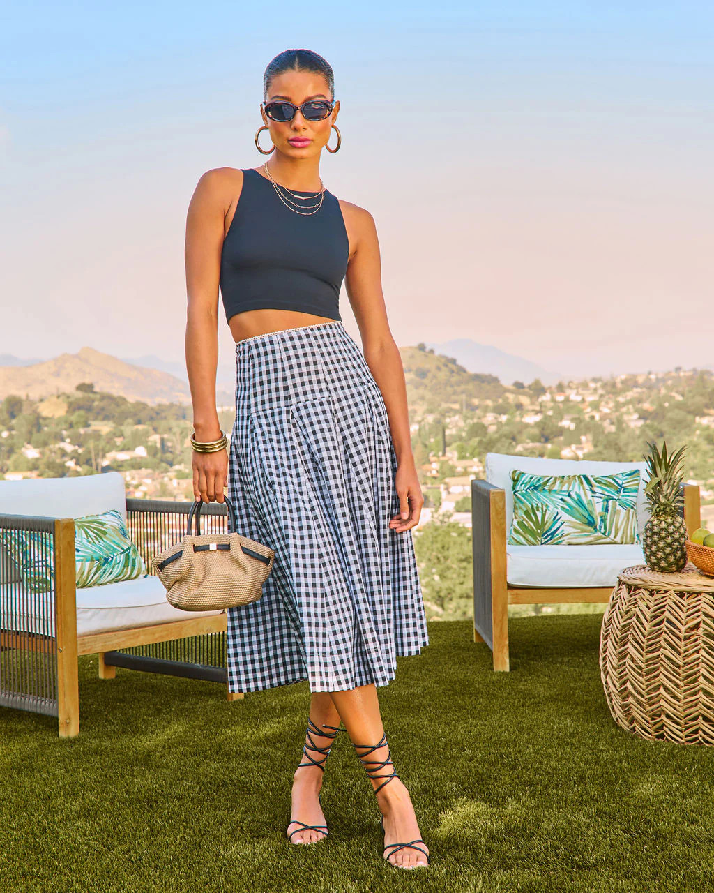 Coastal Picnic Cotton Gingham Print Midi Skirt - Black Multi / L | VICI