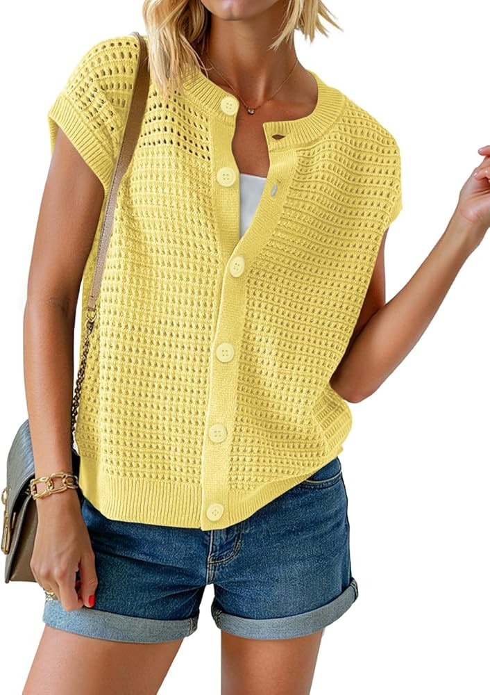 Saodimallsu Womens Short Cap Sleeve Sweater Vest Crochet Button Down Cardigans Crew Neck Summer K... | Amazon (US)