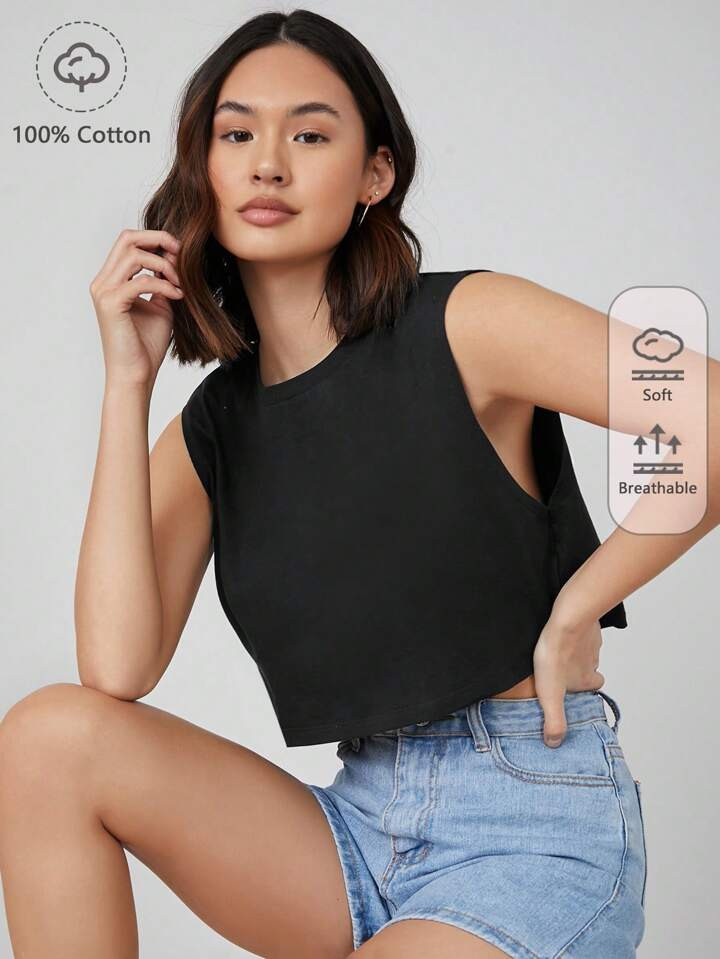 SHEIN BASICS 100% Cotton Solid Crop Tank Top | SHEIN