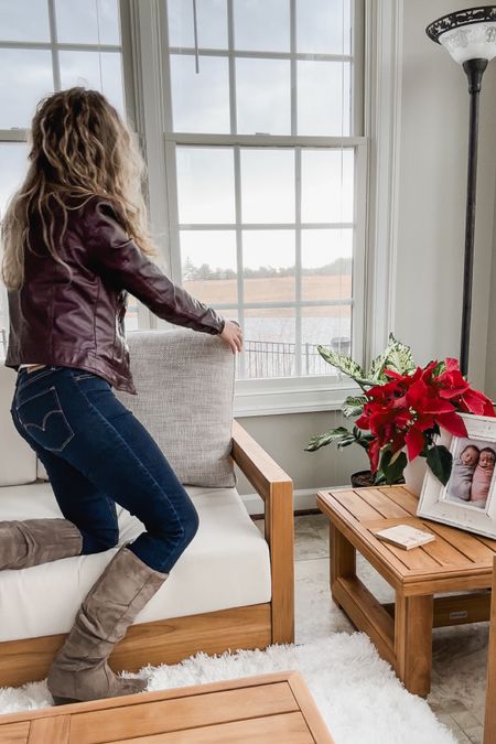 Arranging our sun room decor! And wearing my favorite winter outfit: size S white T-shirt, XS jacket, size 26 jeans, and size 6 tan boots

#LTKhome #LTKSeasonal #LTKstyletip