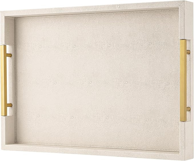 Beige Faux Leather Serving Tray with Handles – Large Decorative Tray for Coffee Table, Ottoman,... | Amazon (US)