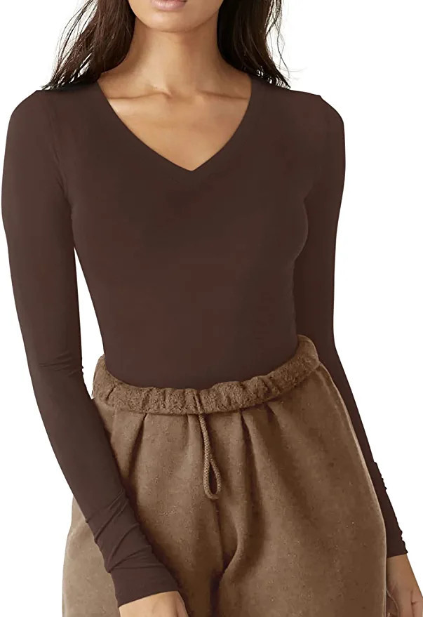 REORIA Women’s Casual V Neck Long Sleeve Ribbed Fitted Thong Bodysuit Tops Jumpsuit | Amazon (US)