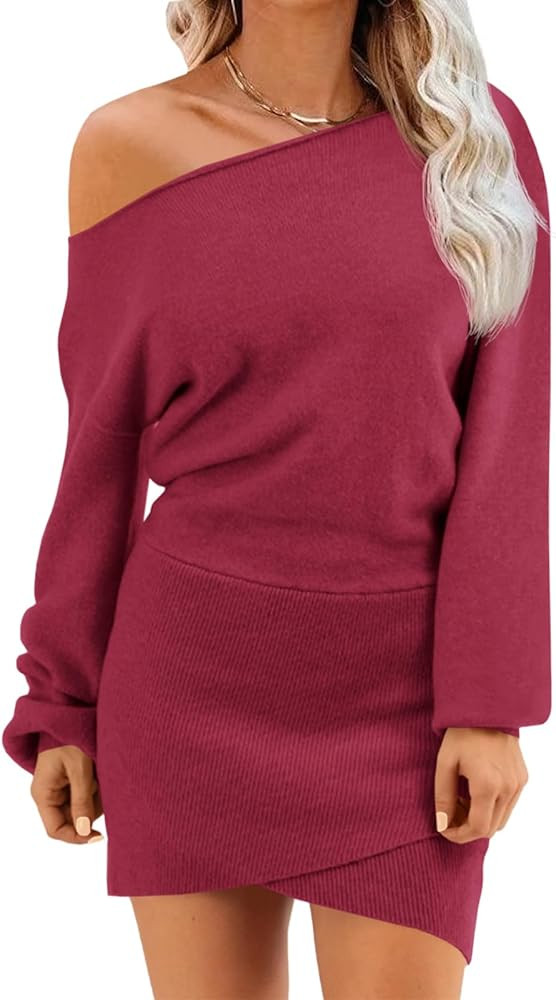 Wenrine Women's Off The Shoulder Sweater Dress 2025 Fall Winter Casual Long Sleeve Knit Slim Fit ... | Amazon (US)