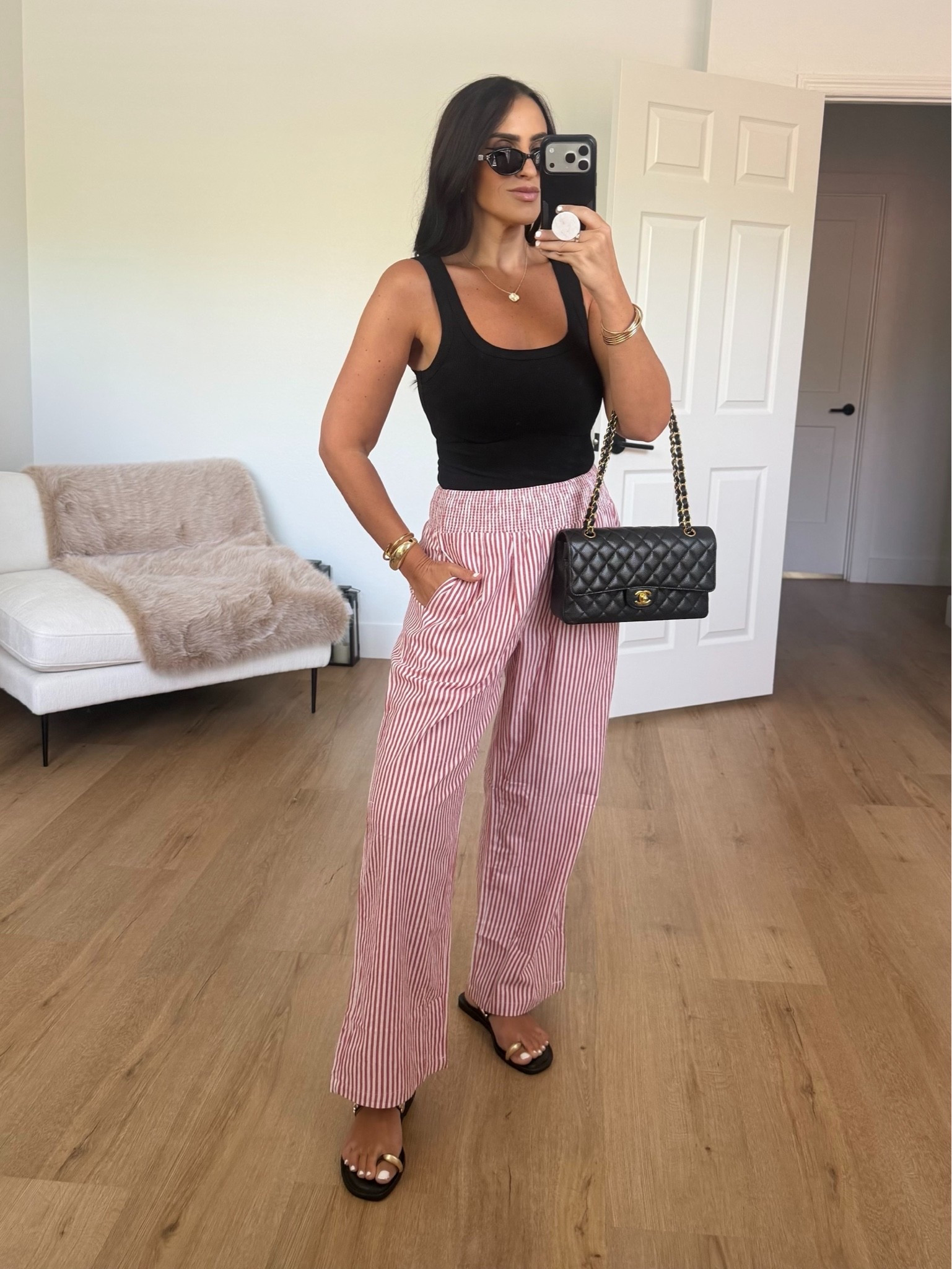 Built in Bra Summer Scoop Neck tank wearing size small. Women Striped Gingham Wide Leg pants wearing size small.