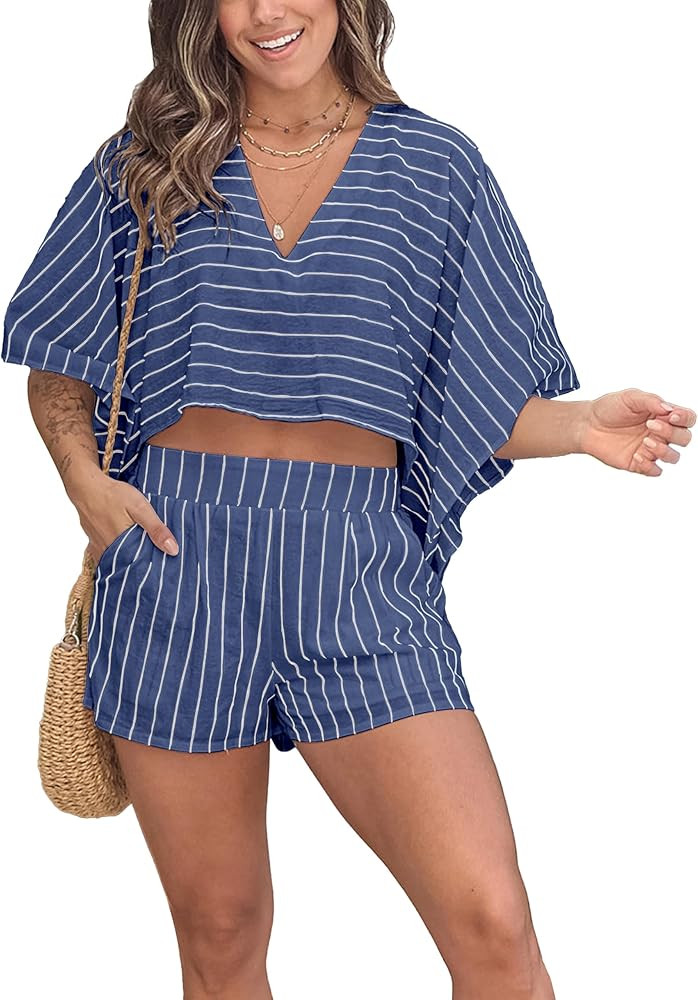 Womens 2 Piece Outfit Striped Short Sleeve Blouse Top and Loose Mini Shorts Outfit Set | Amazon (US)