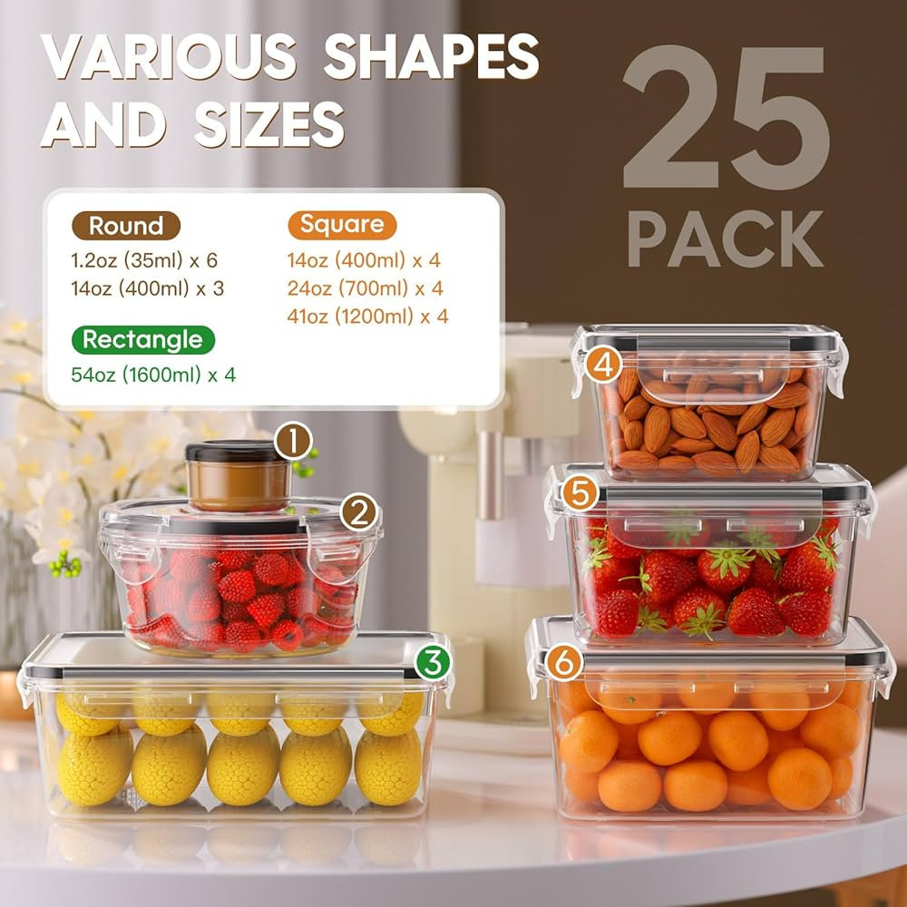 KEMETHY 50-Piece Large Food Storage Containers with Lids Airtight (25 Containers & 25 Lids), Kitc... | Amazon (US)