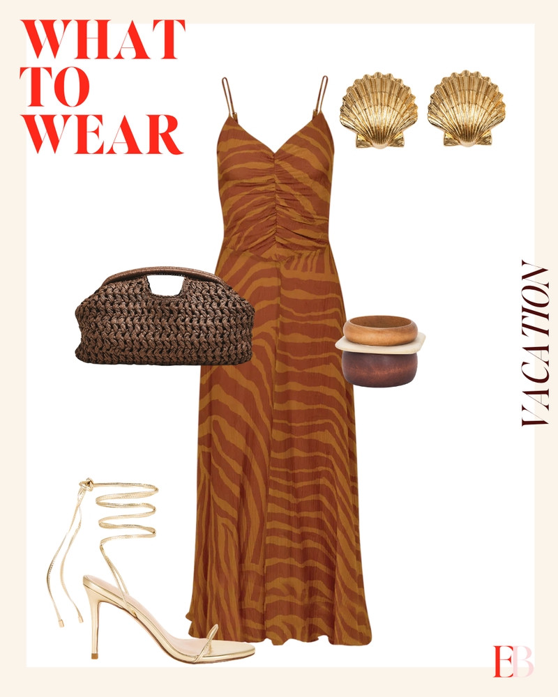 The vacation outfit that does all the decision-making for you.

A rust zebra print maxi with a ruched front and spaghetti straps is already a complete thought — but the accessories are what make this edit. Gold shell earrings that lean into the resort moment without being too literal. A woven dark brown clutch that picks up the warm tones in the print. Wood bangles stacked for texture. And gold wrap ankle strap heels that are the exact right amount of dressed-up for a dinner where you walked from the beach.

The whole palette is cognac, warm brown, and gold — which means everything works together without you having to think about it. That's the point of a good vacation outfit. You should be thinking about what you're eating for dinner, not what you're wearing to it. 

 #LTKootd