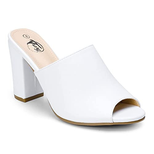 Trary White Chunky High Heels - Open Toe Round Toe Slip on Mules Comfortable Casual Dressy Pumps Slingback Heels Size 11 | Amazon (US)