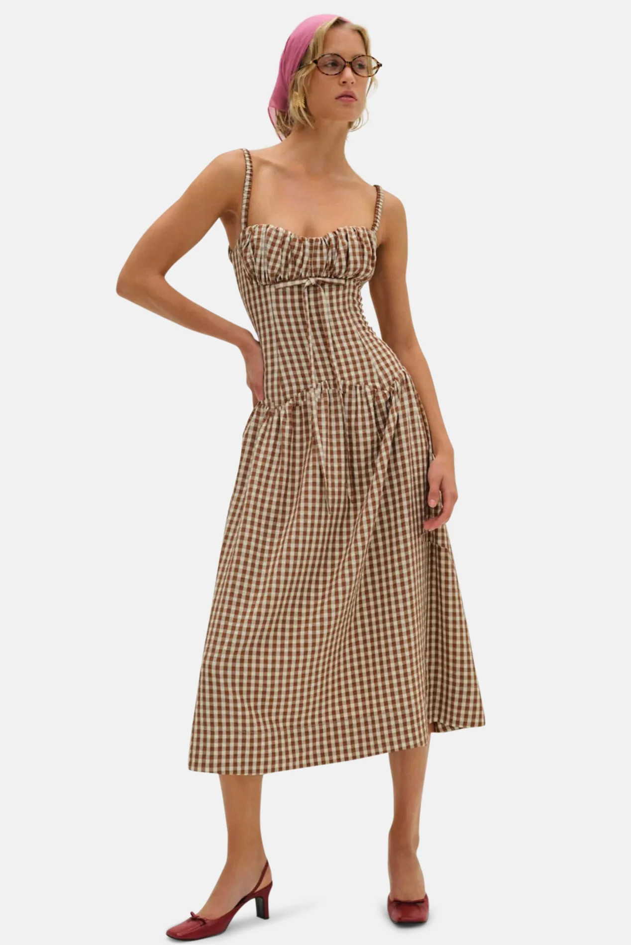 Gingerbread Gingham Midi Dress Brown | Blue & Cream
