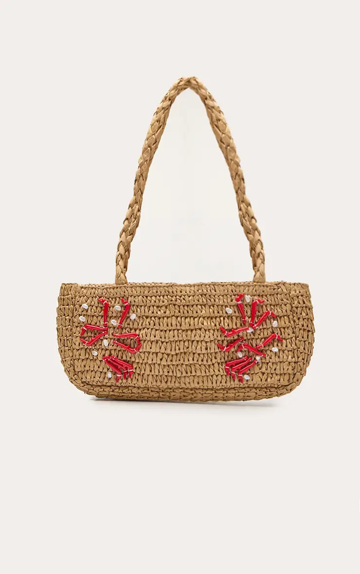 Natural Raffia Coral Detail Shoulder Bag | PrettyLittleThing USA | PrettyLittleThing US