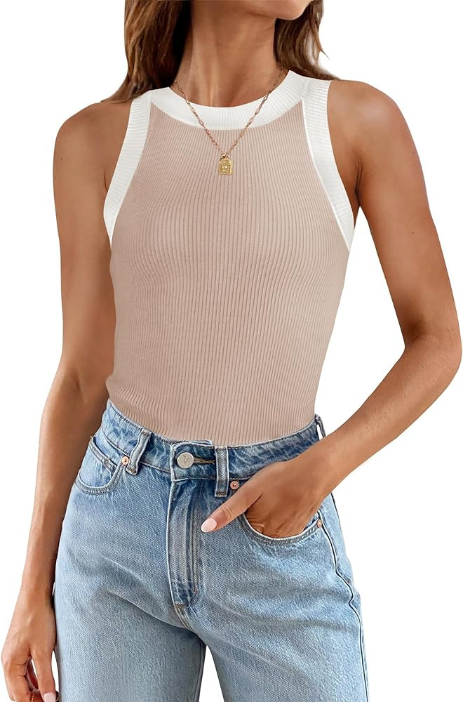 ZESICA Womens Summer Sleeveless Tank Tops Ribbed High Neck Racerback Slim Fitted Color Block Casu... | Amazon (US)